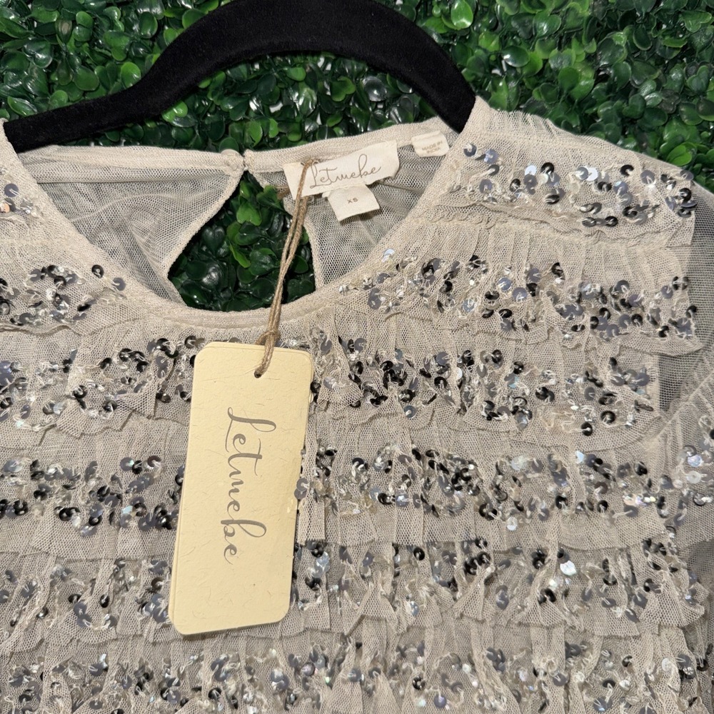 NWT Anthropologie Let Me Be Sequined Tulle Blouse Top Ruffle Sz XS